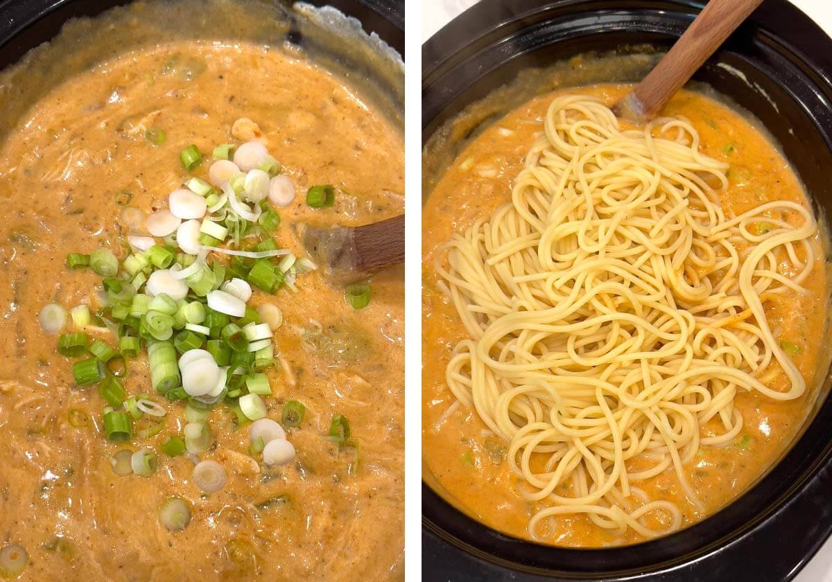 chopped green onions added to spaghetti sauce, cooked spaghetti sauce added to crock
