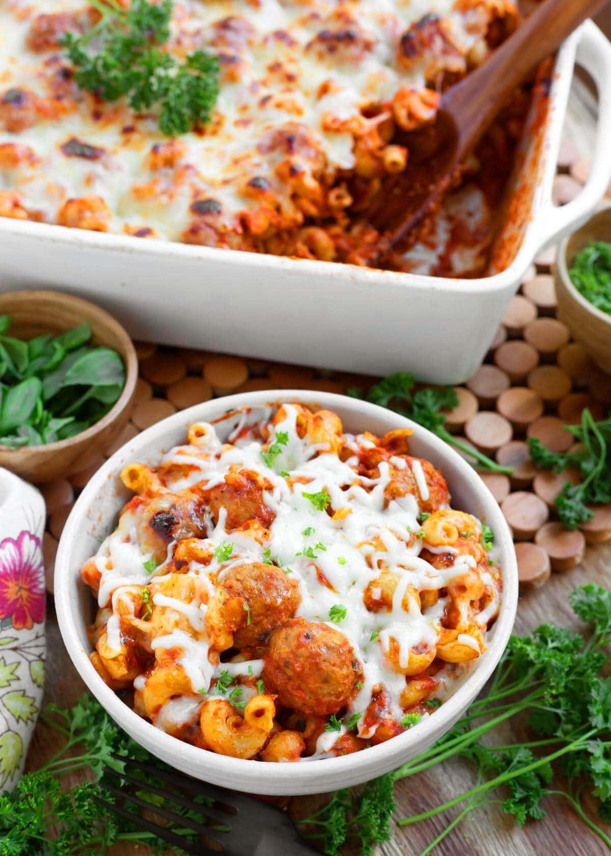 Easy Meatball Pasta Bake in white bowl