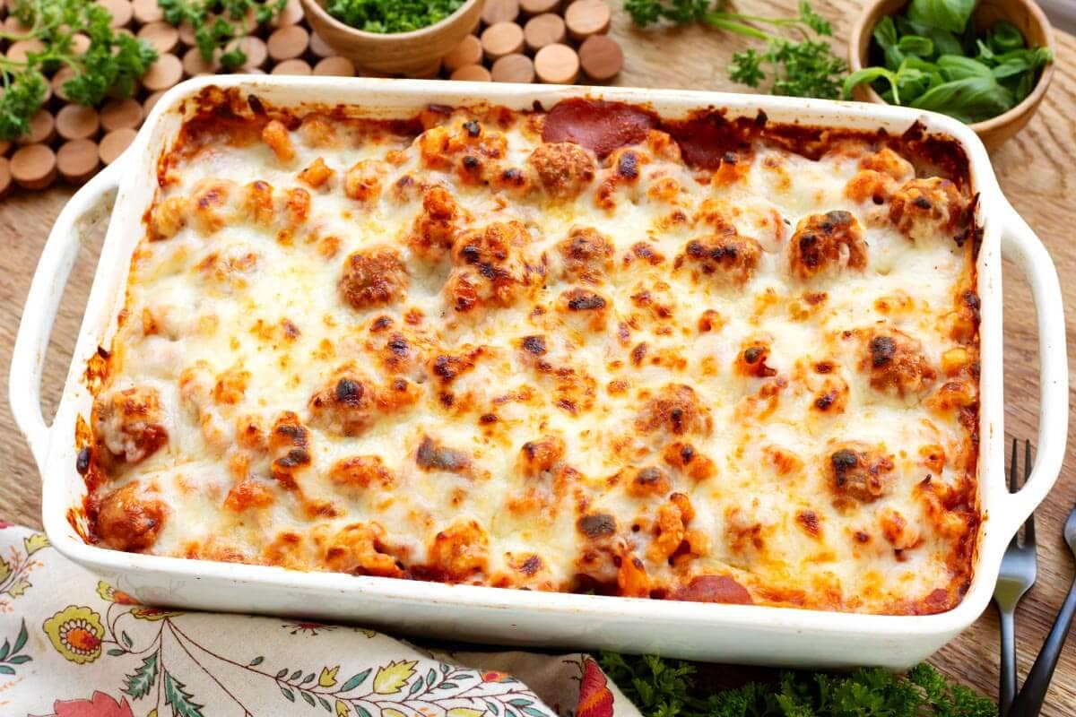 Baked Meatball Pasta in white baking dish