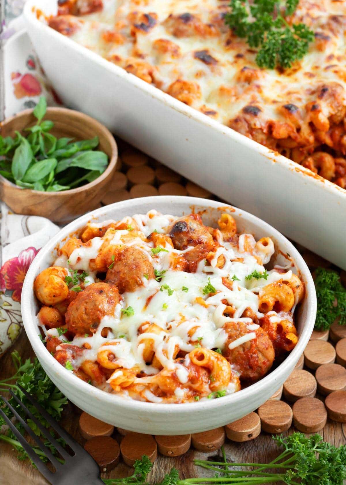 Easy Meatball Pasta Bake in white bowl