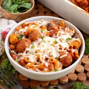 Easy Meatball Pasta Bake in white bowl