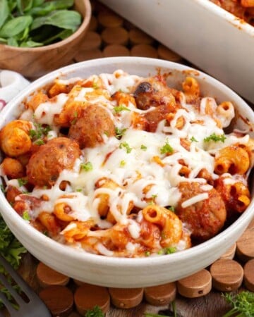 Easy Meatball Pasta Bake in white bowl