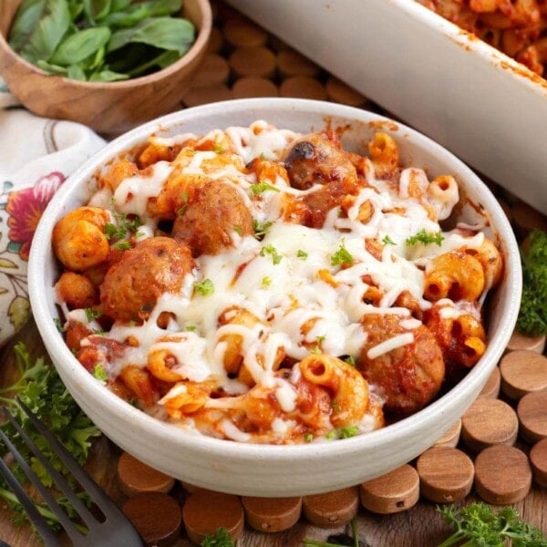 Easy Meatball Pasta Bake in white bowl