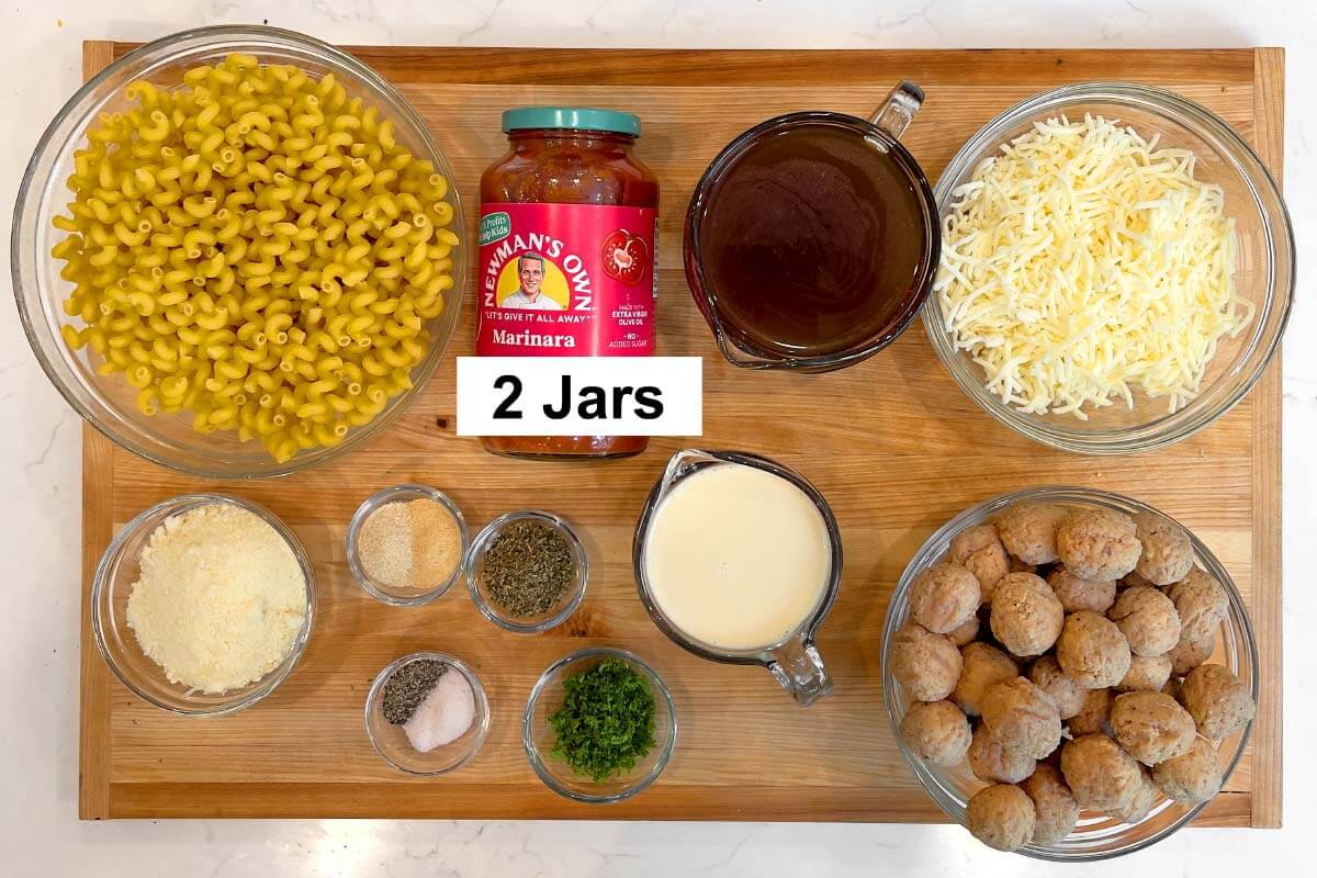 Easy Meatball Pasta Bake ingredients shot on board