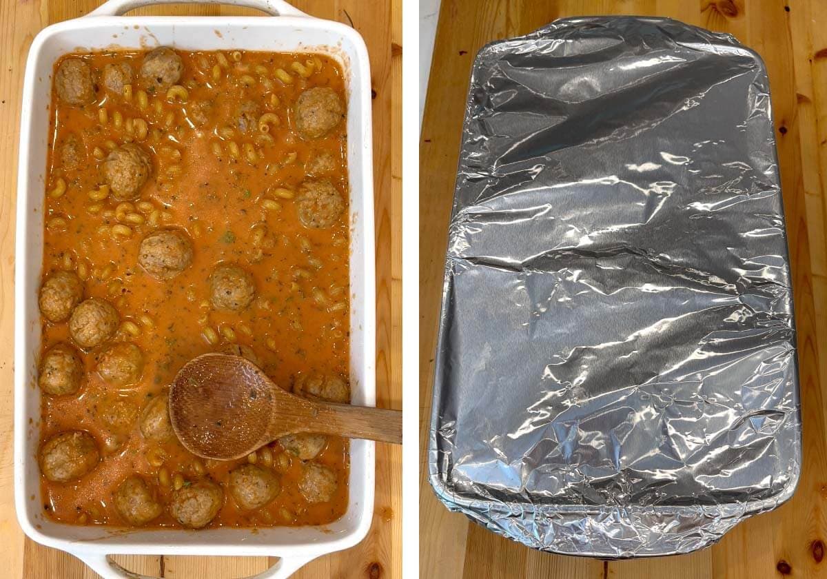 ingredients in baking dish, dish covered with foil