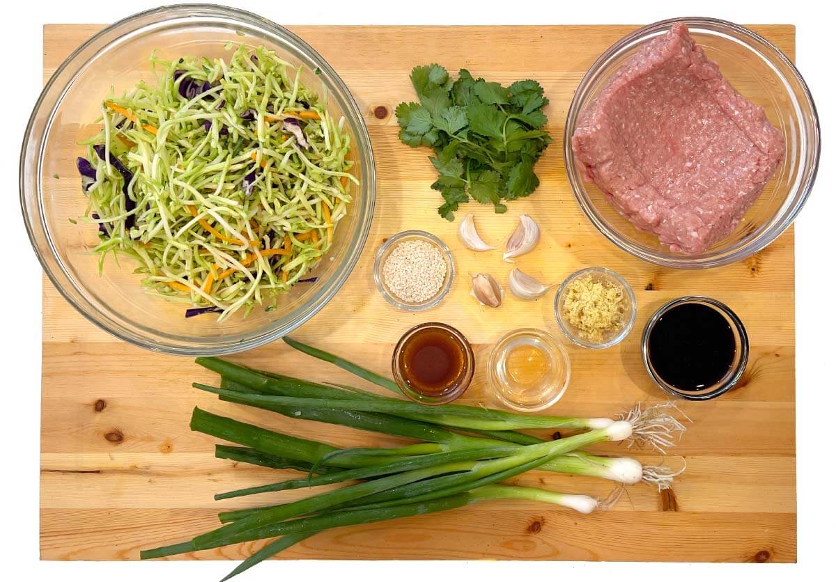 Egg Roll in a Bowl ingredients shot on a board