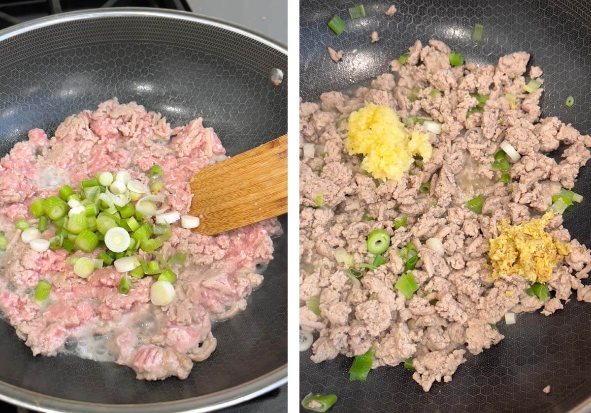 cooking the ground pork, ginger, garlic, green onion