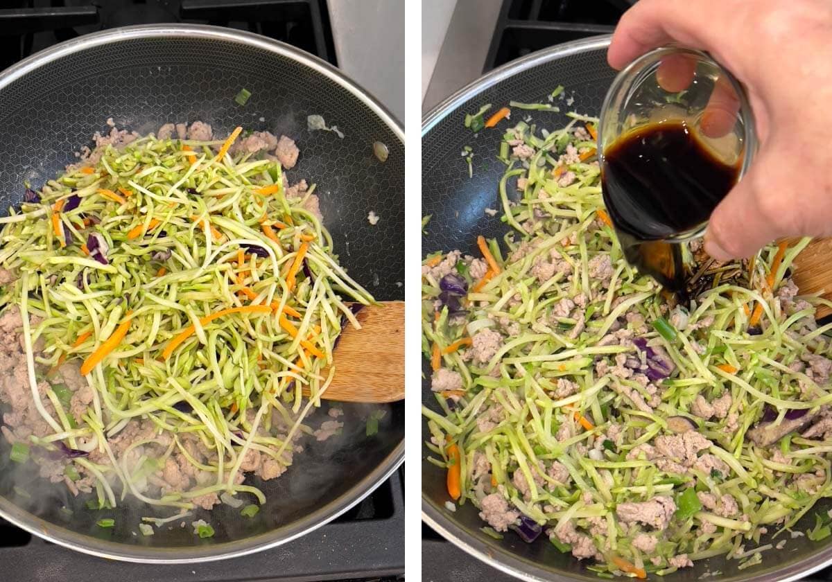 broccoli slaw added to meat, adding soy sauce