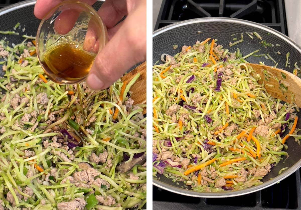 adding sesame oil, stir fried meat and veggies