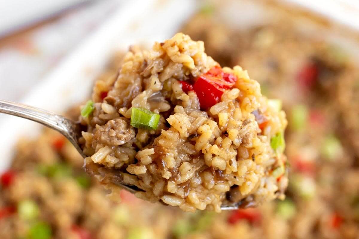 spoonful of Hamburger Rice Casserole closeup