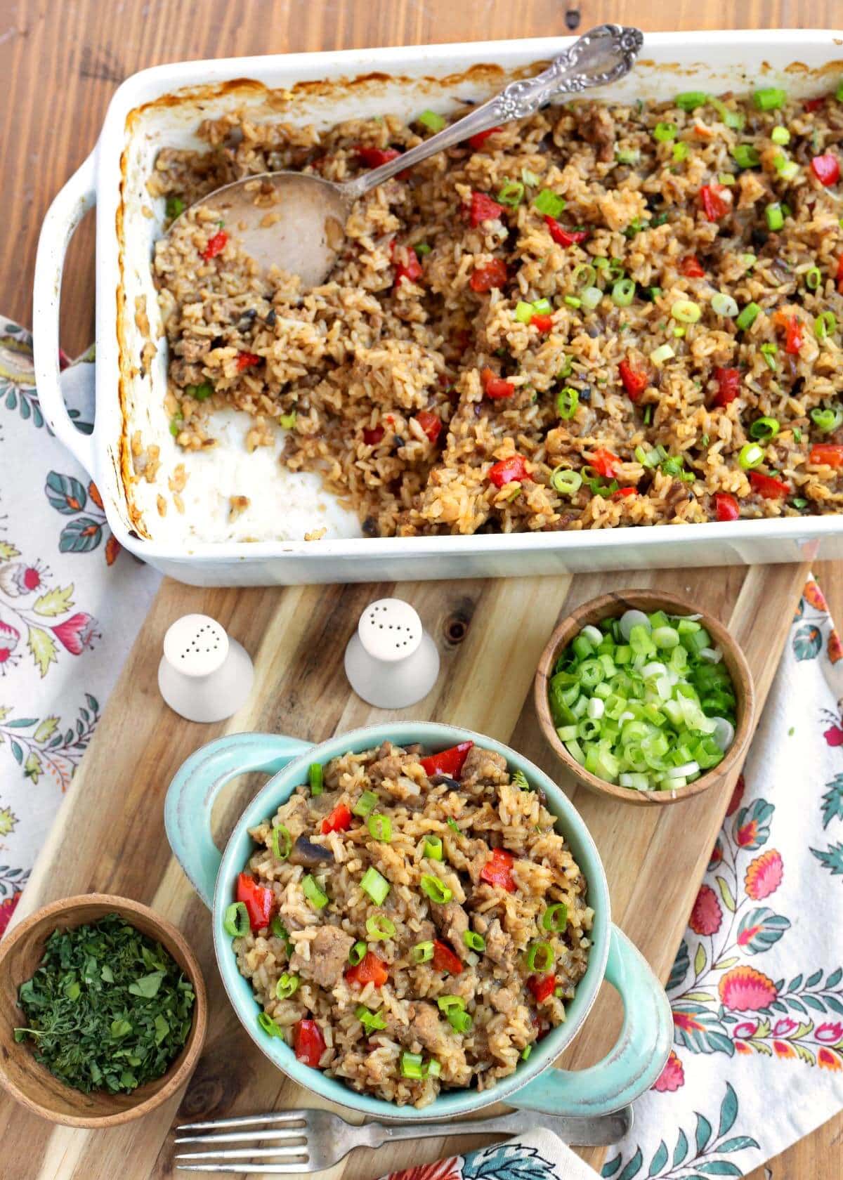 Hamburger Rice Casserole in white baking dish and a green bowl from above