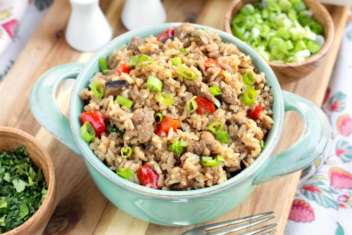 Hamburger Rice Casserole in a green bowl