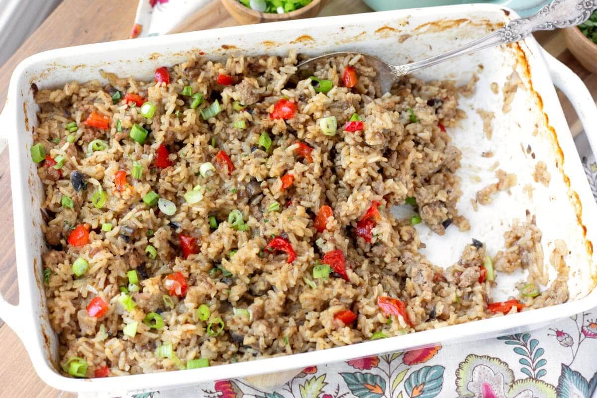 Hamburger Rice Casserole in white baking dish