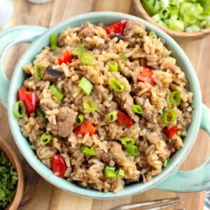 Hamburger Rice Casserole in a green bowl