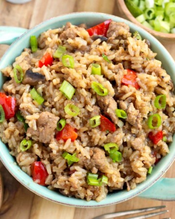 Hamburger Rice Casserole in a green bowl