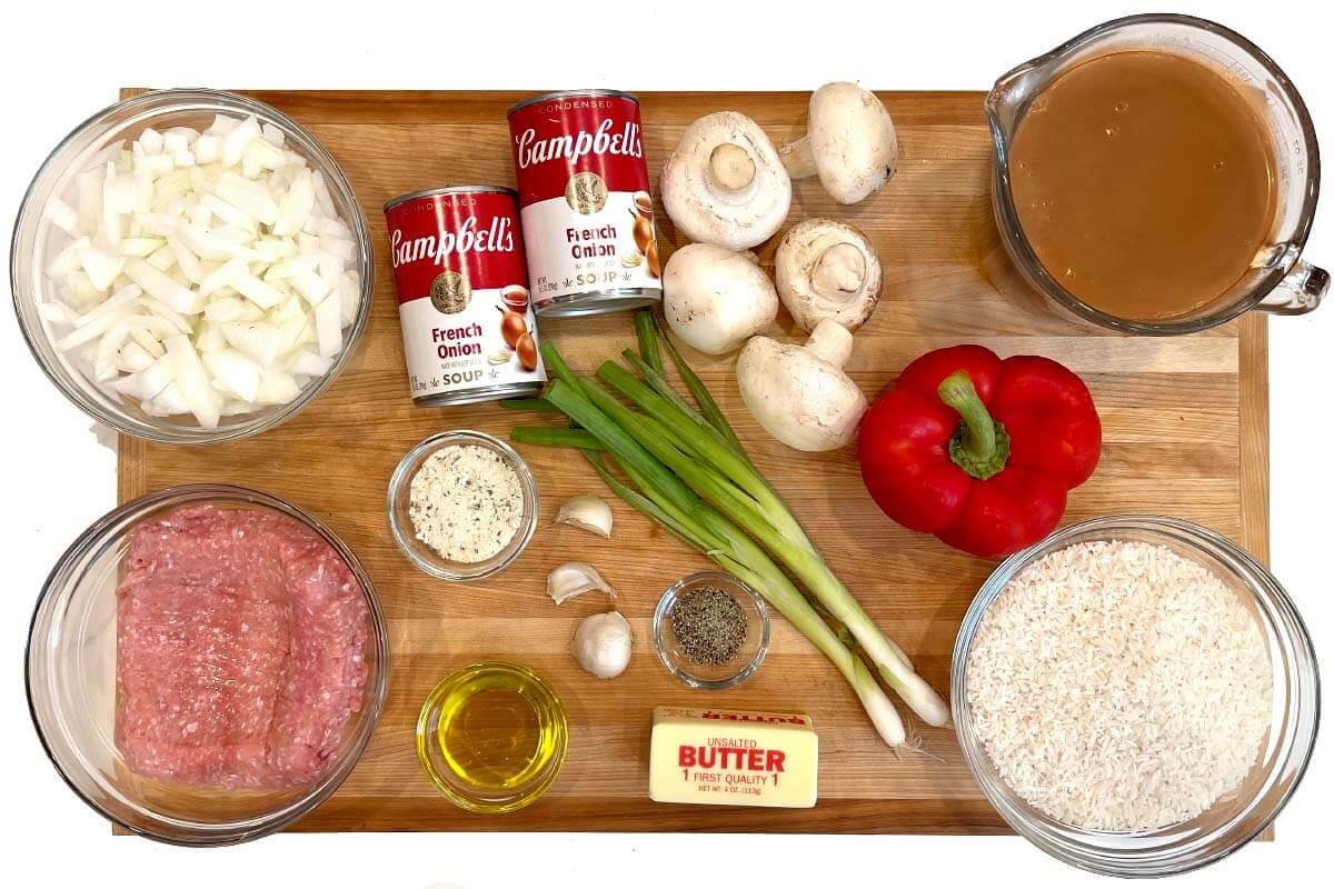 Hamburger Rice Casserole ingredients shot on a board