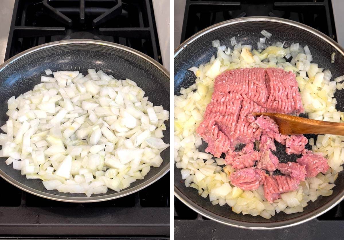 cooking onion and ground meat in skillet