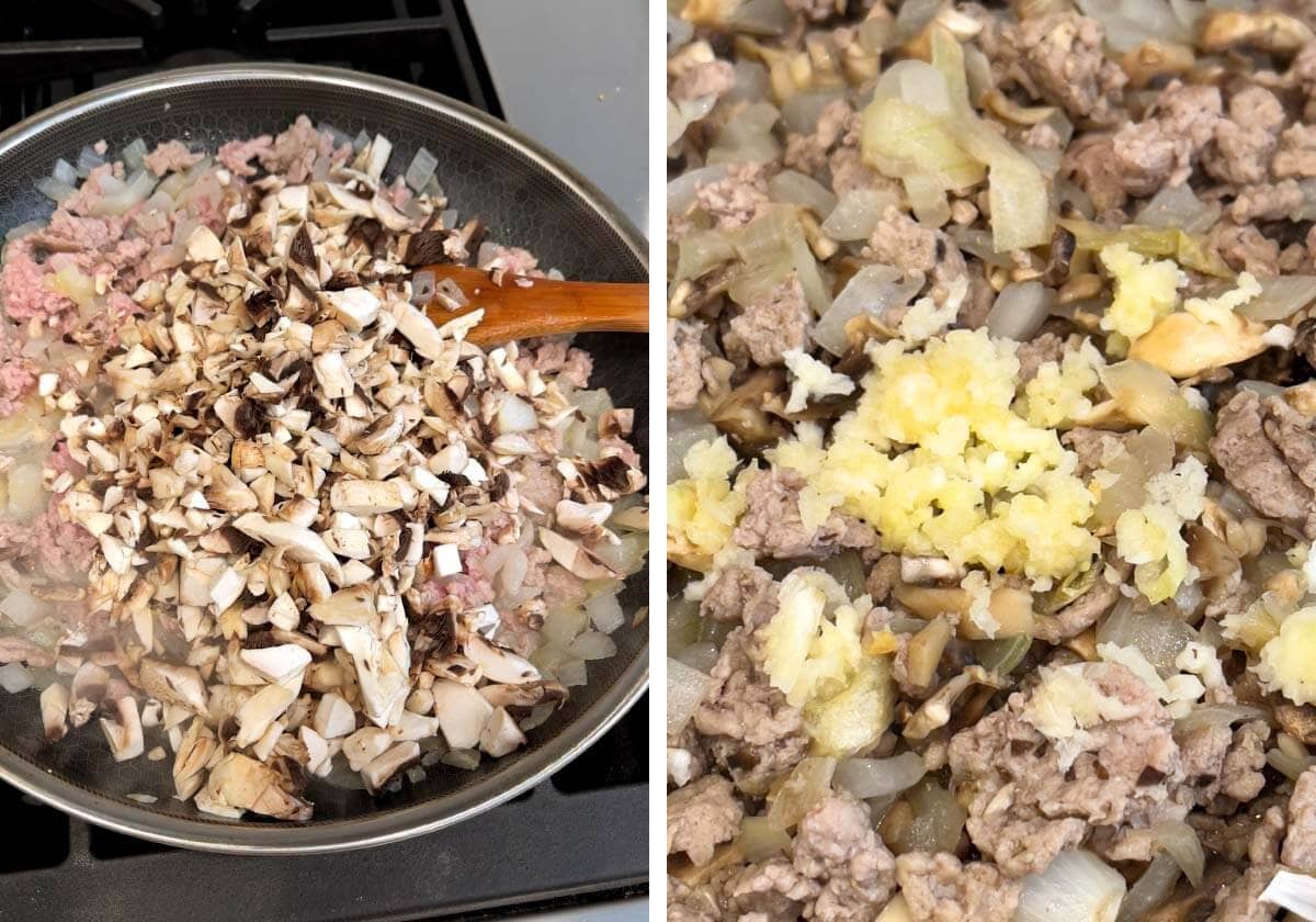chopped mushrooms added to meat mixture, garlic added