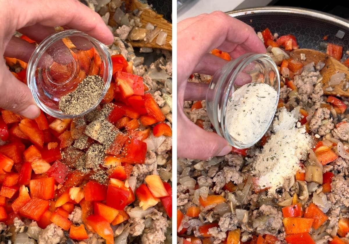 red bell pepper added to skillet, adding salt, pepper and ranch seasoning