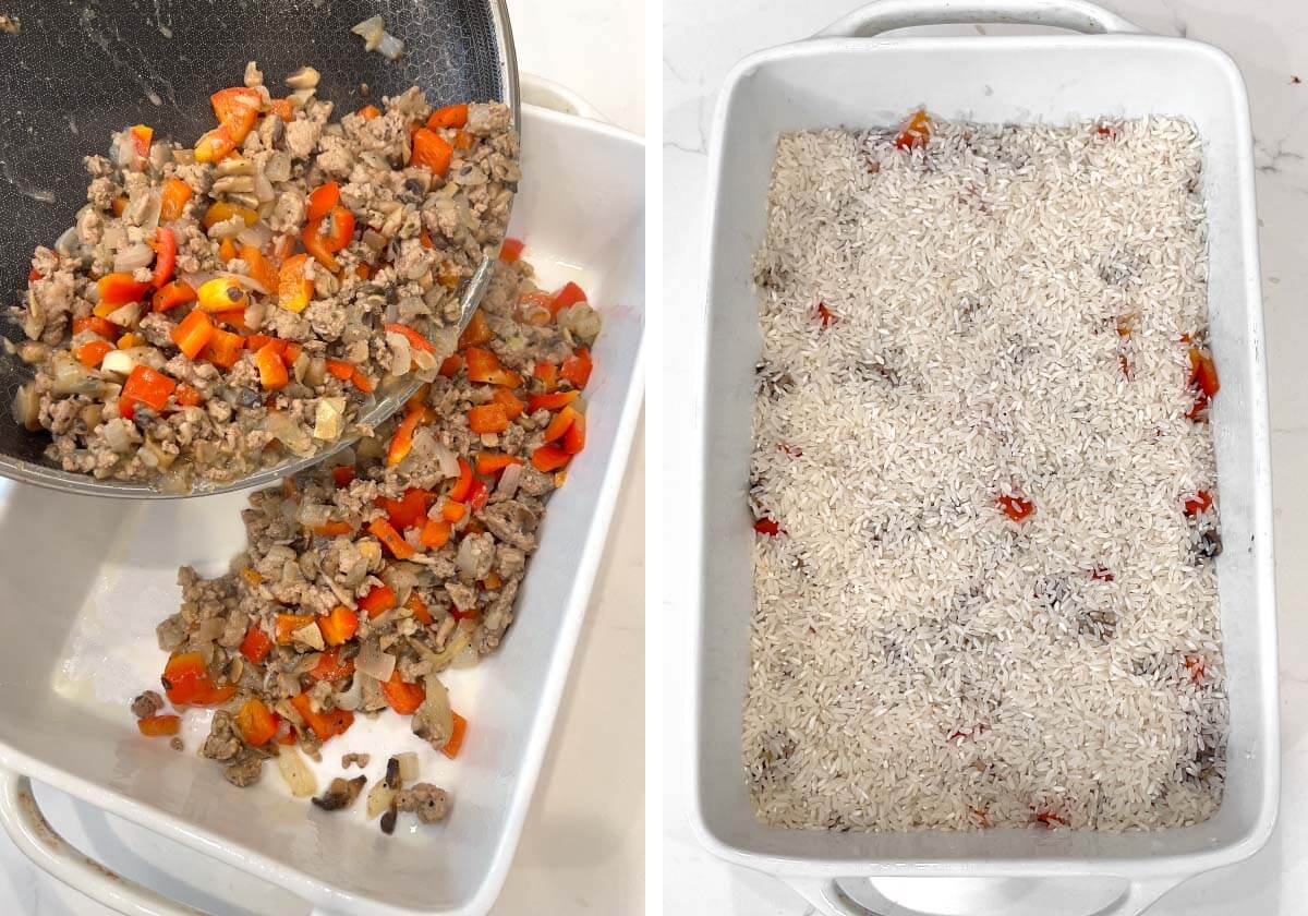 adding meat mixture to baking dish, rice spread over top