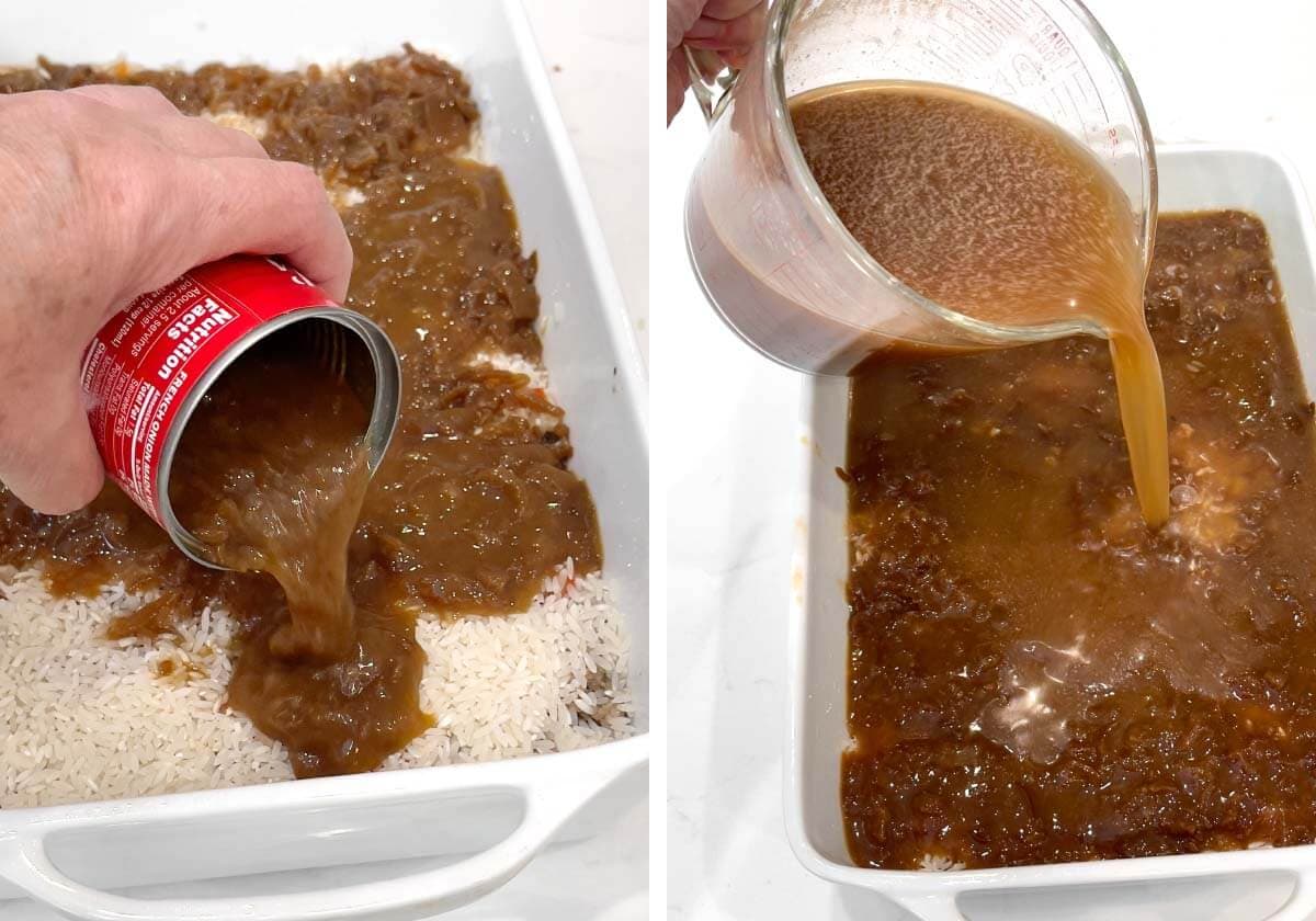 pouring french onion soup over rice, pouring beef broth over