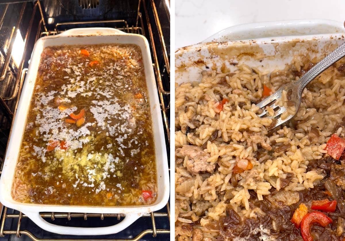 foil removed from baking dish in oven, fluffing rice with a fork