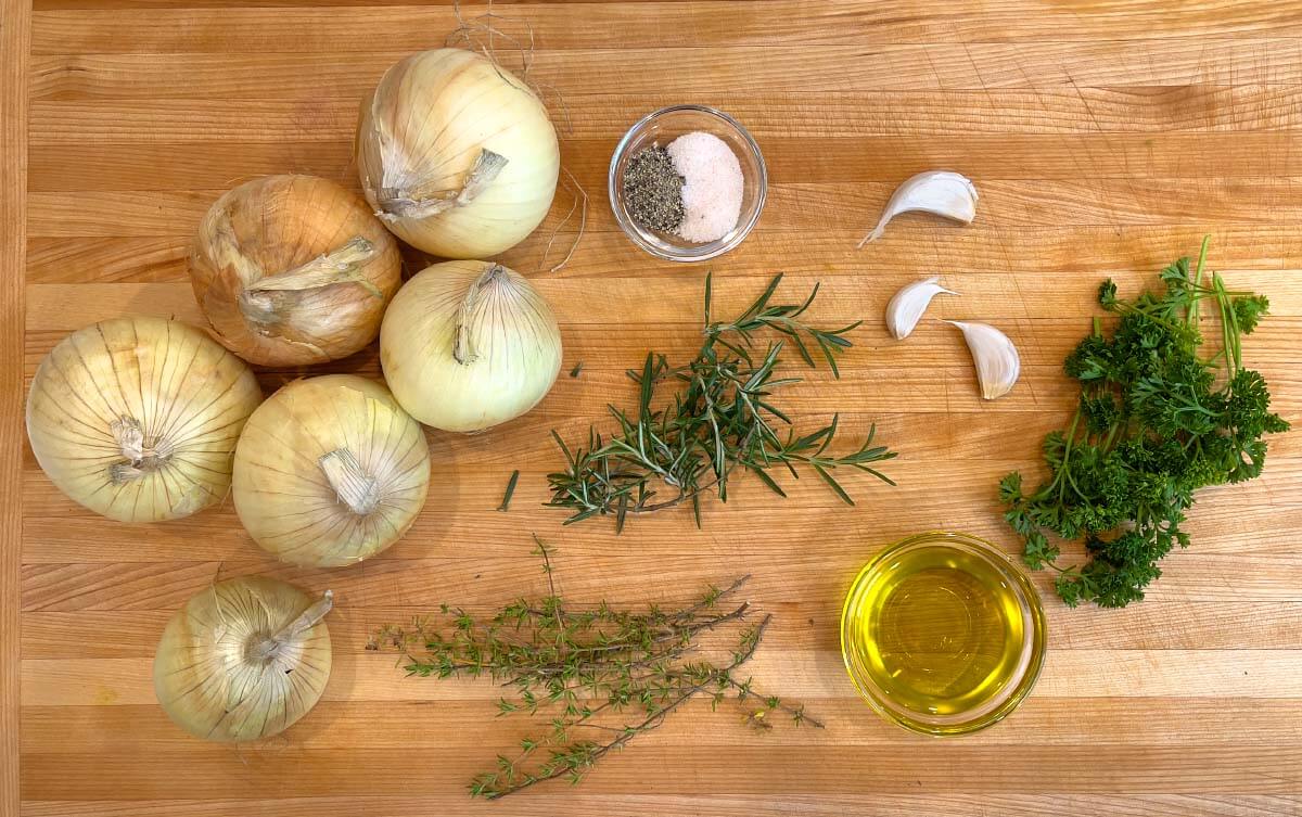Herb Baked Sweet Onions ingredients shot on board