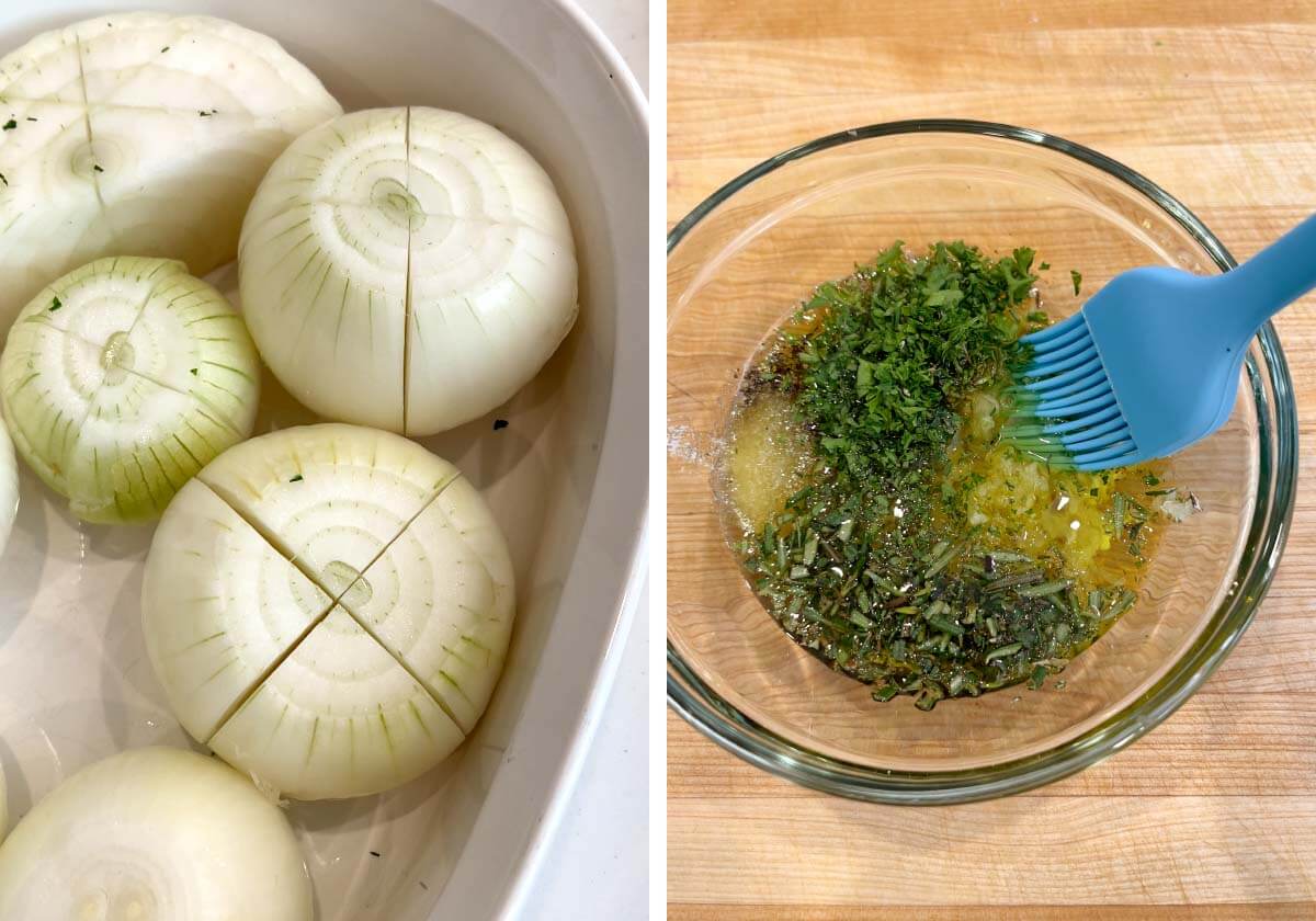 raw onions in baking dish, herbs and garlic in bowl with olive oil
