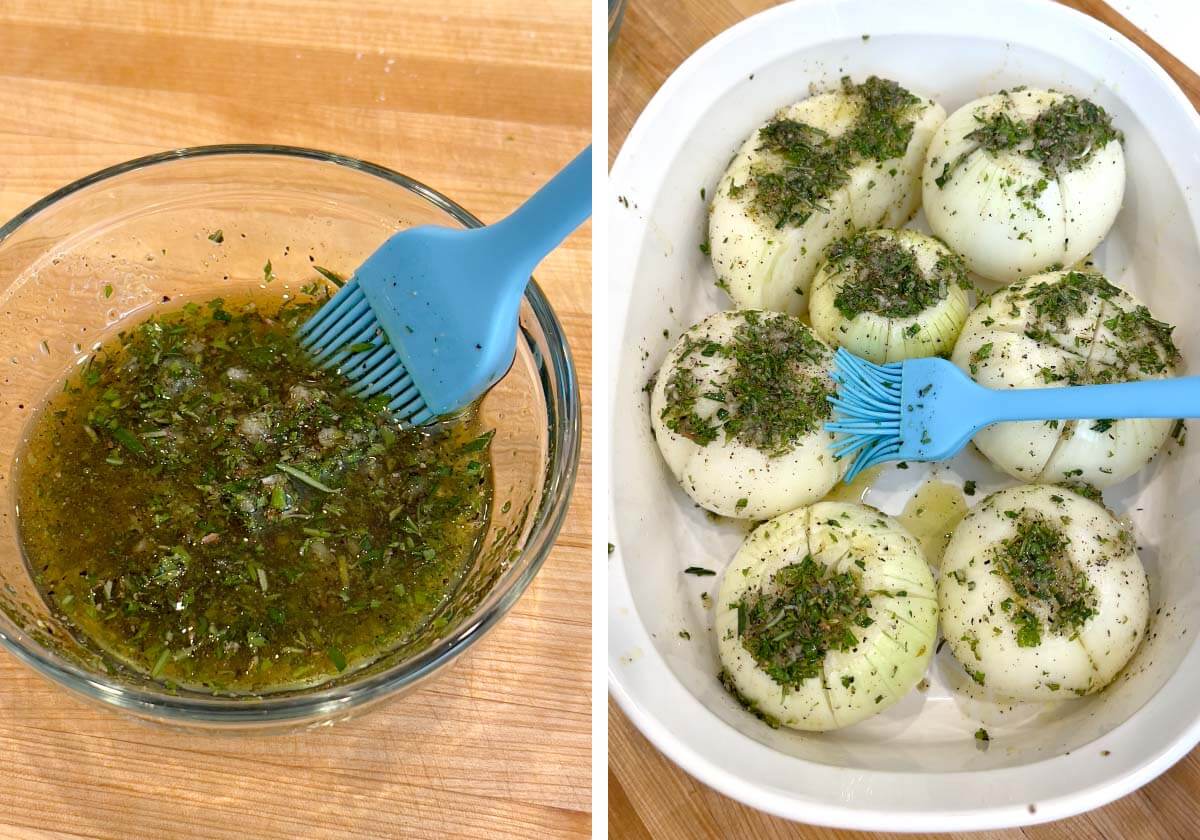 herbs and garlic in bowl with olive oil, brushing herb oil on onions