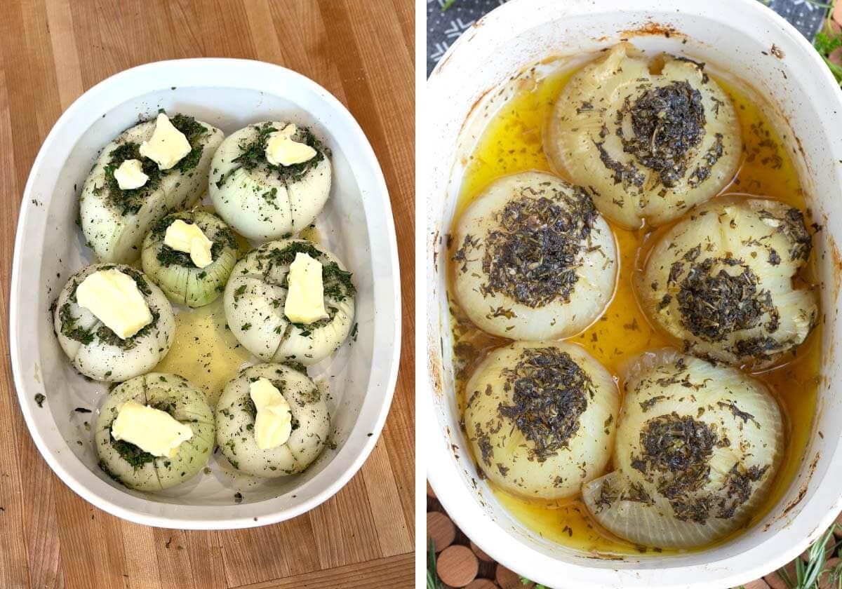 herb oil and butter on onions, baked onions.