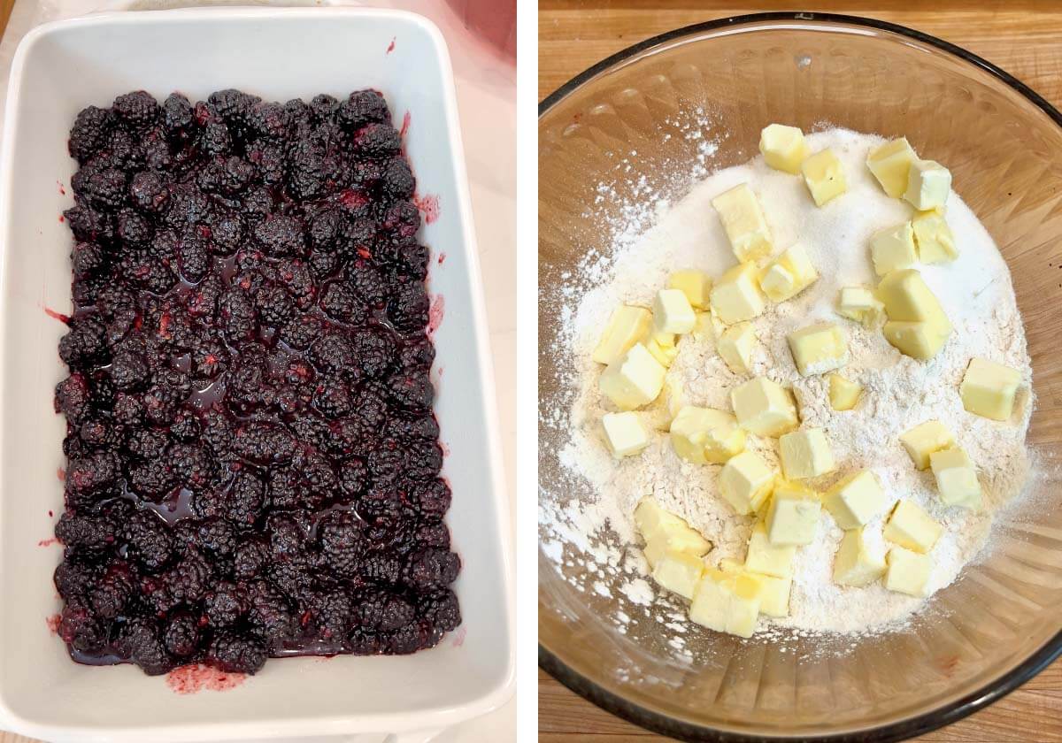 blackberry filling in baking dish, butter added to dry ingredients in bowl.