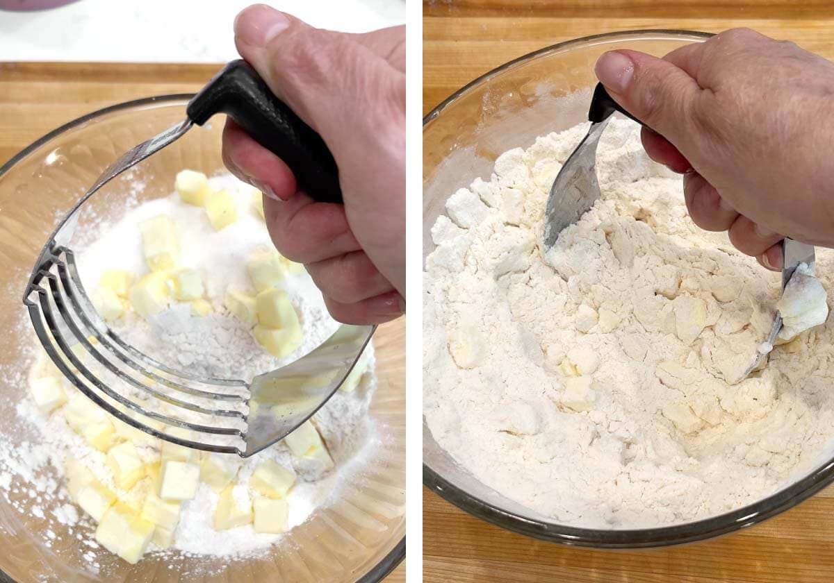 cutting butter into flour mixture with pastry cutter