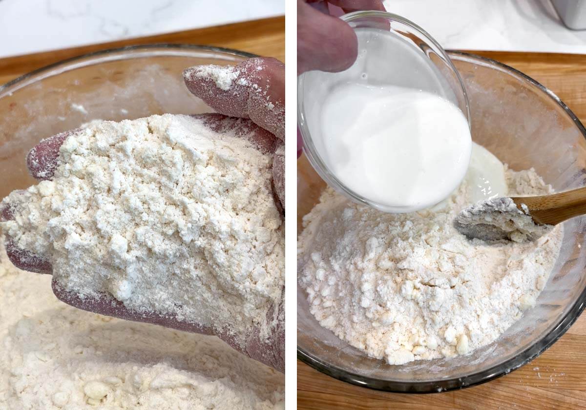 hand with flour mixture in it, adding buttermilk