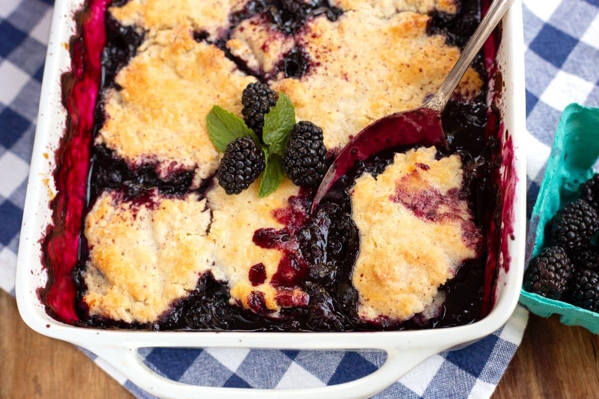 Blackberry Cobbler in a white baking dish closeup with spoon