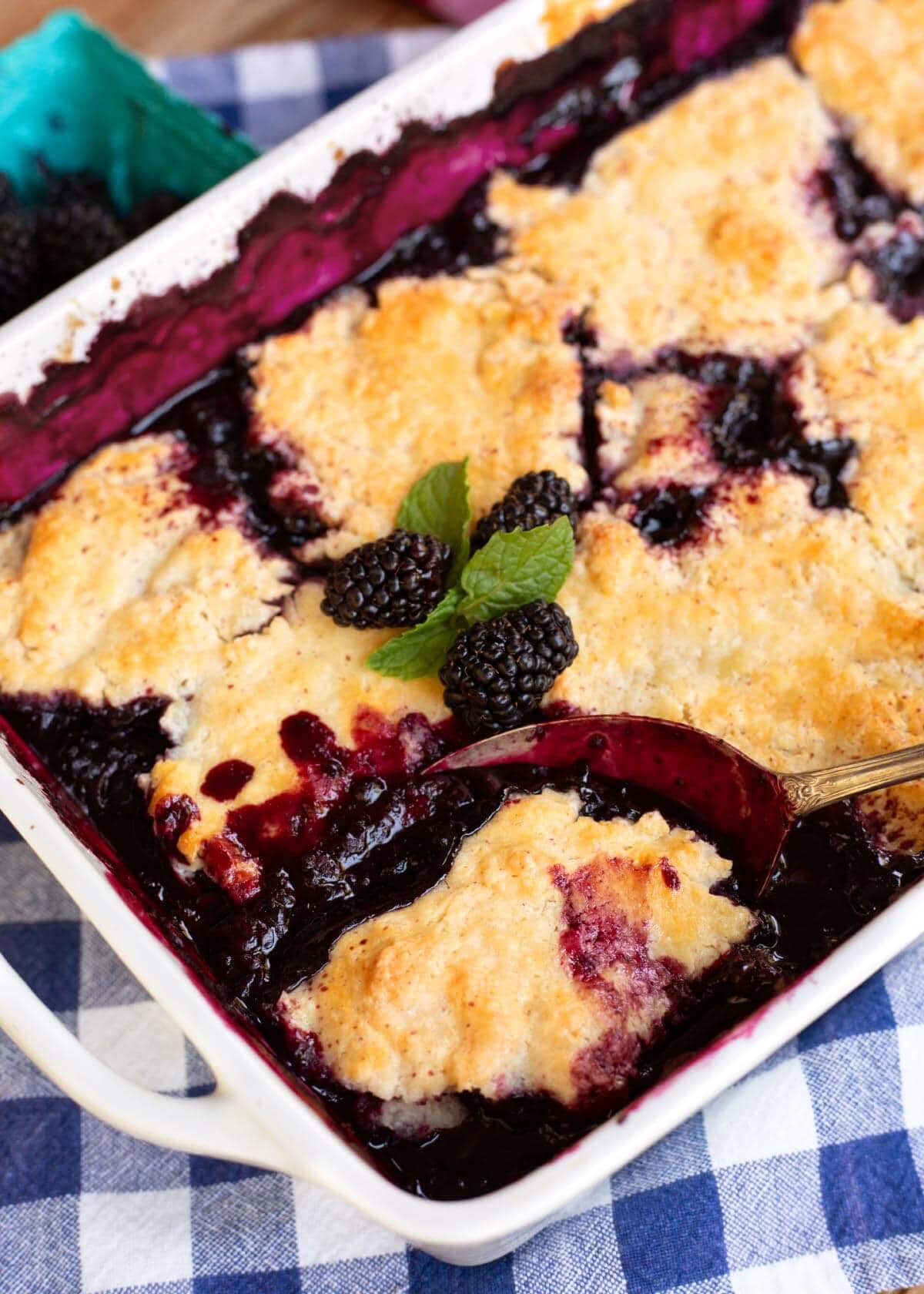Blackberry Cobbler in a white baking dish with a spoon