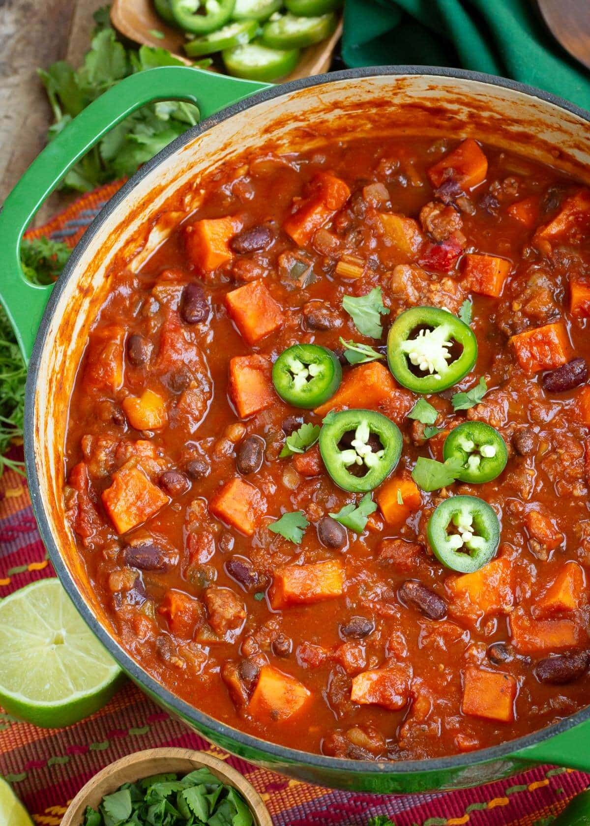 Sausage Sweet Potato Chili in green pot