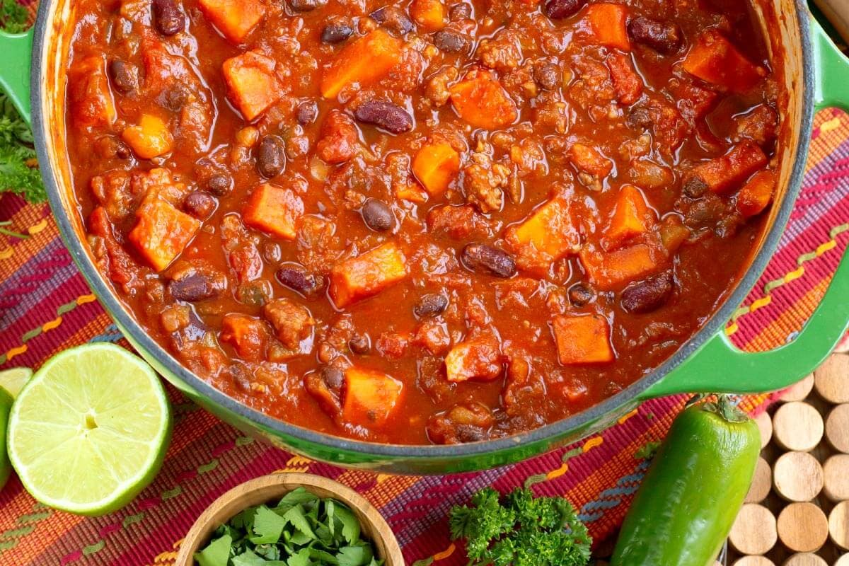 Sausage Sweet Potato Chili in green pot