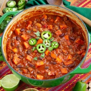 Sausage Sweet Potato Chili in green pot