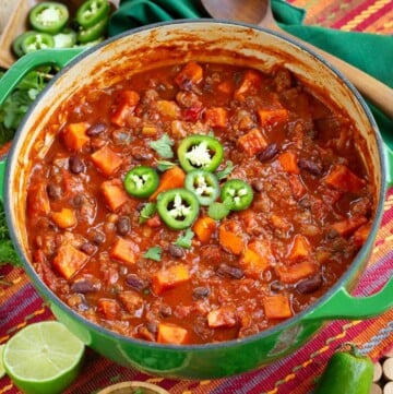 Sausage Sweet Potato Chili in green pot
