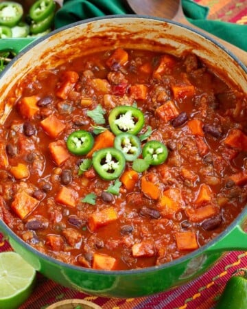 Sausage Sweet Potato Chili in green pot