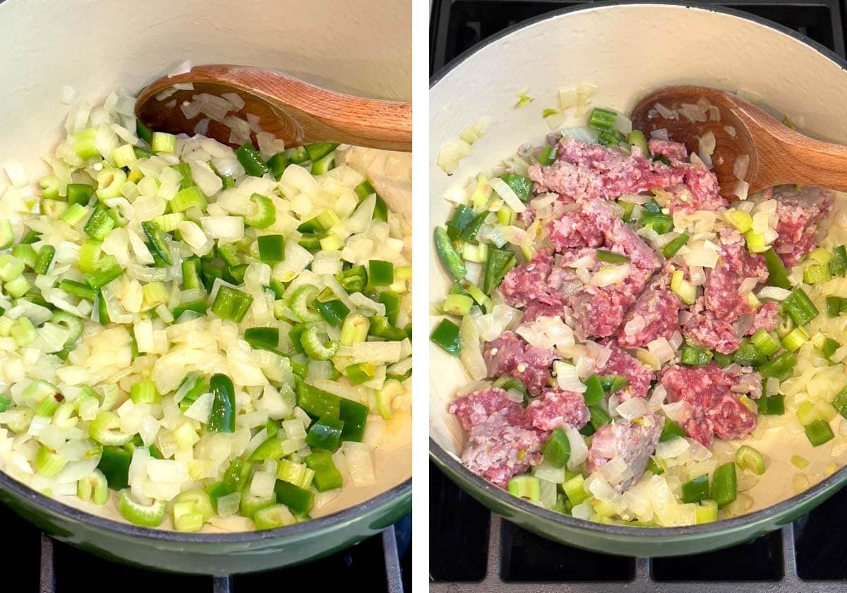 sautéing aromatics, sausage added
