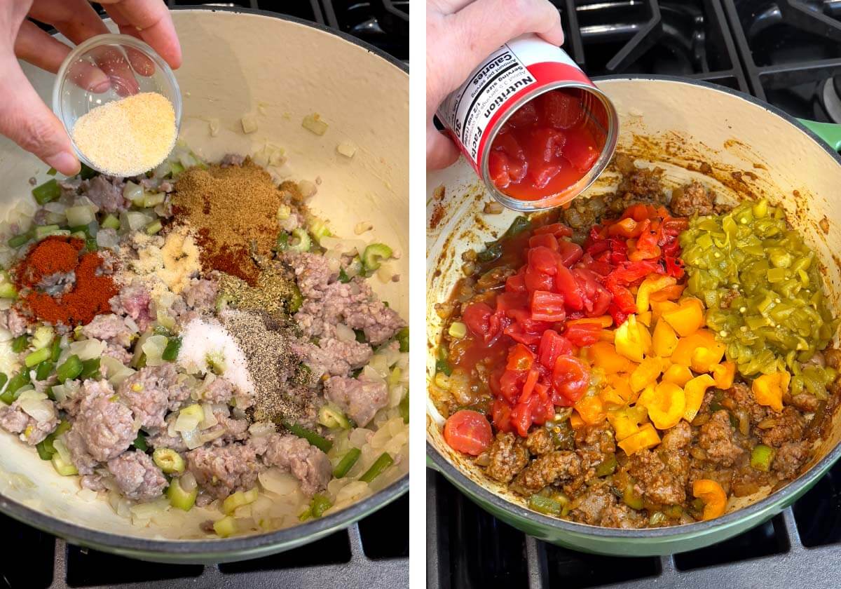 adding spices to meat & onion, adding veggies.