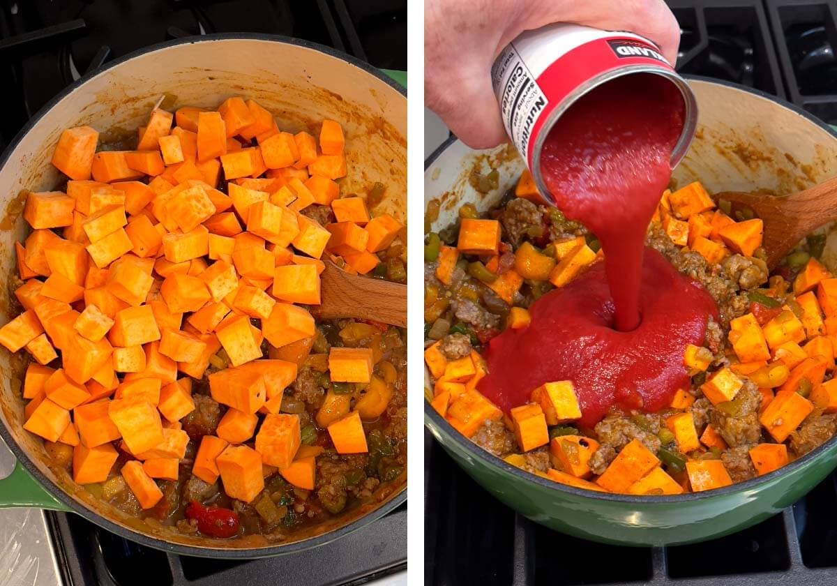 cubed sweet potatoes added, pouring tomato sauce in pot