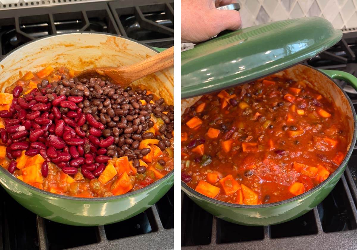 beans added to chili, placing lid on pot