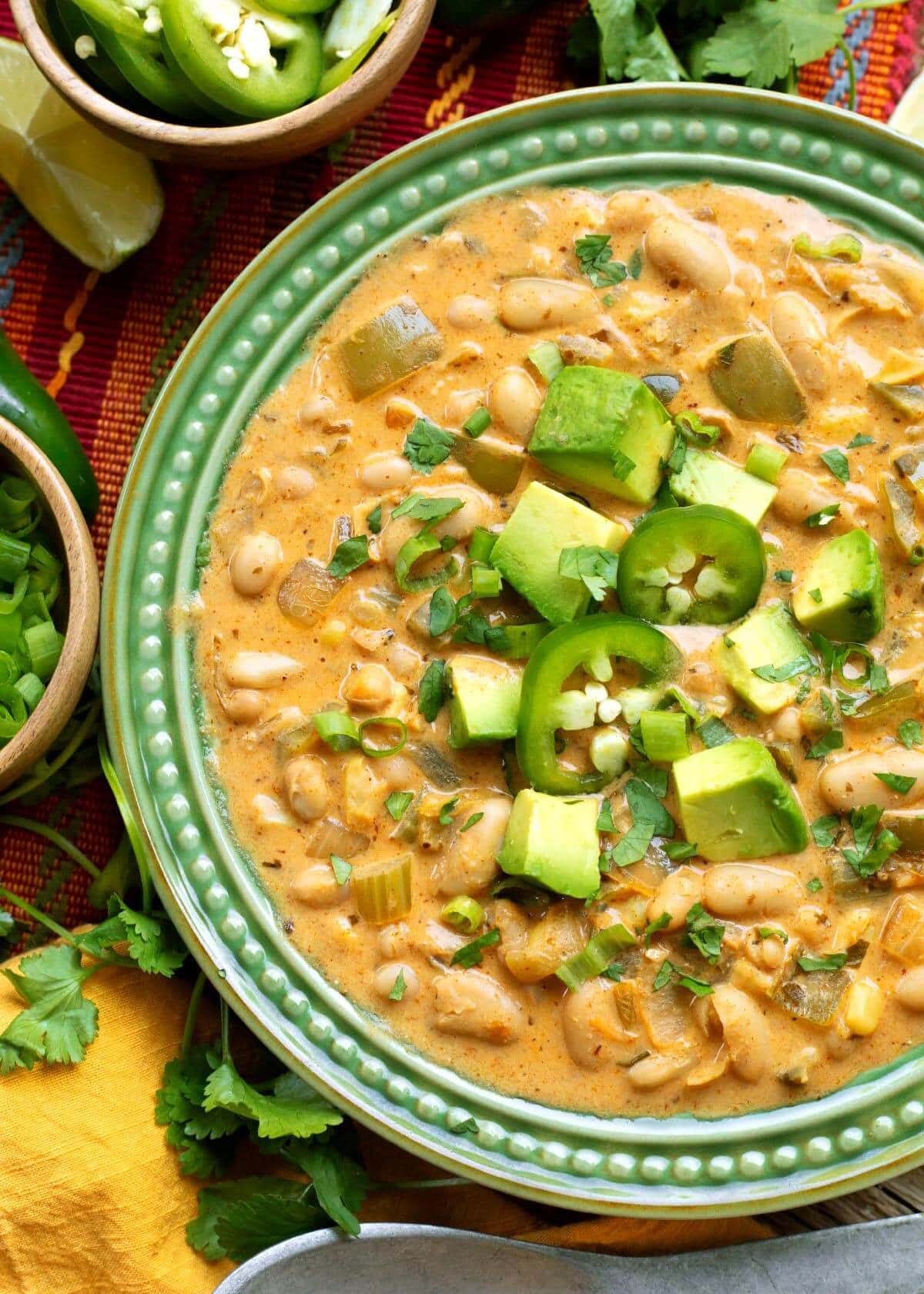 Vegetarian White Bean Chili in a green bowl