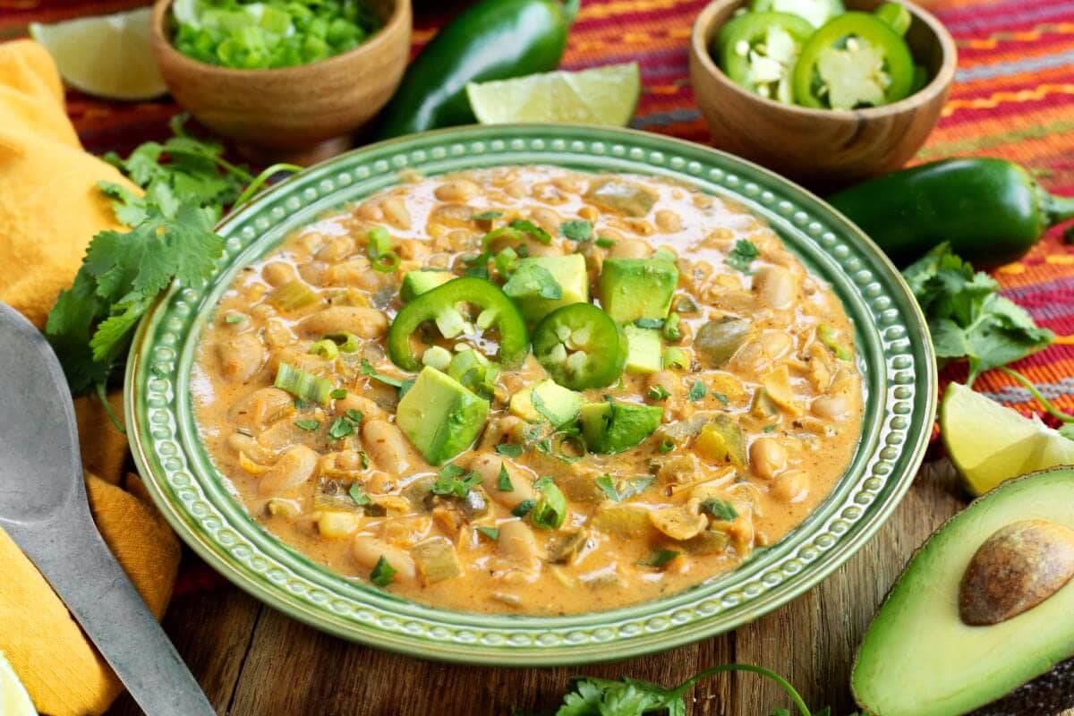 Vegetarian White Bean Chili in a green bowl