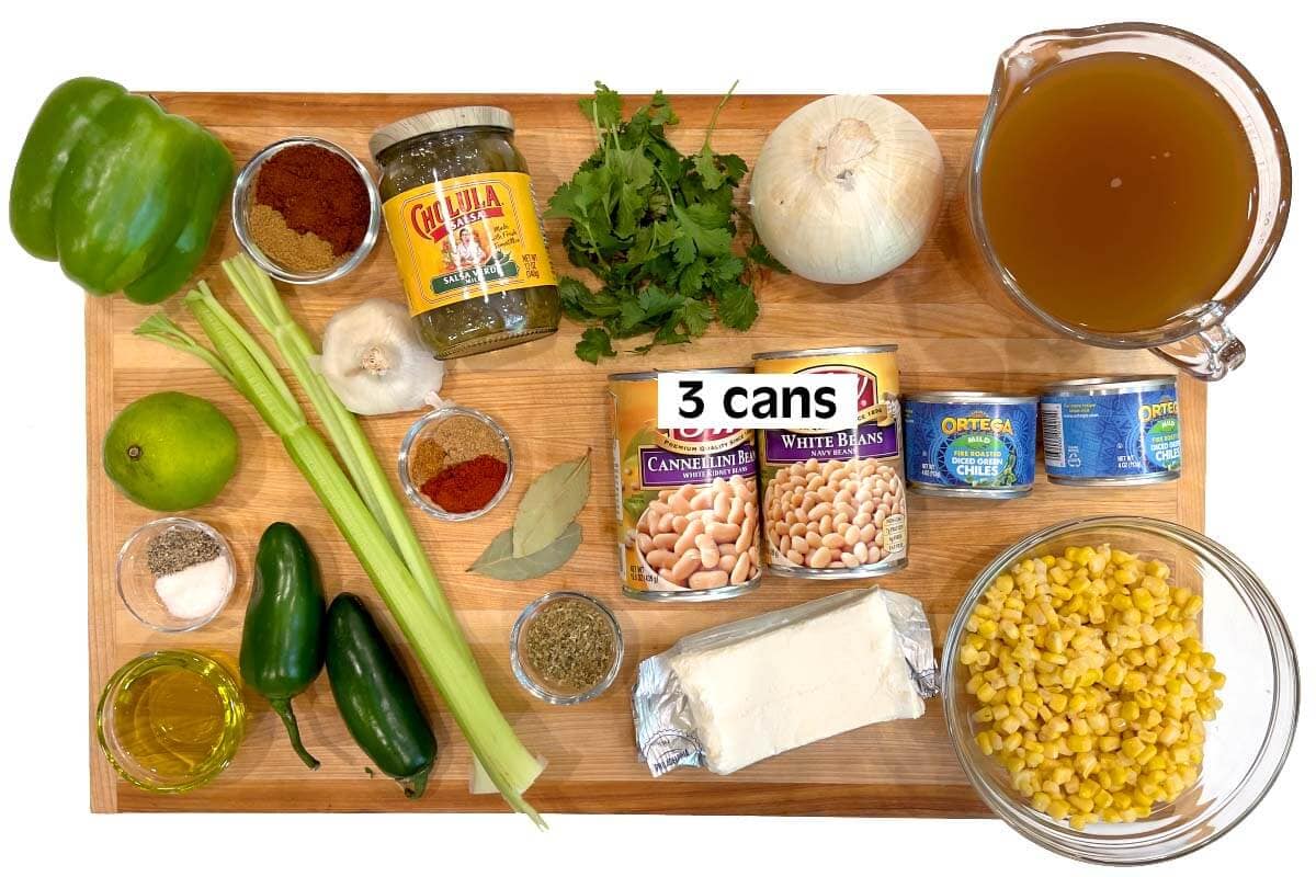 Vegetarian White Bean Chili ingredients shot on a board