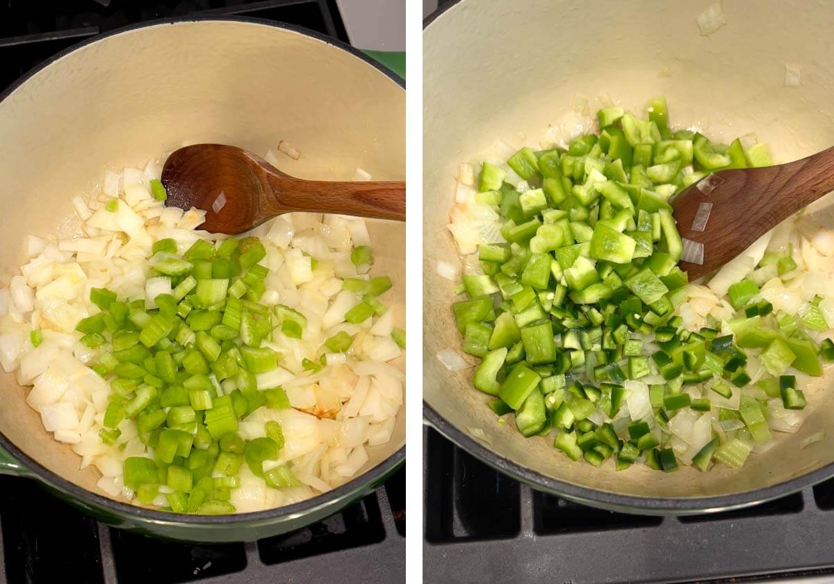 sautéing onion, celery, bell peppers, jalapeño