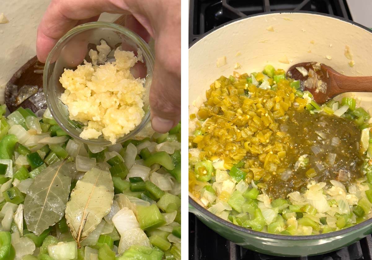 adding garlic, diced green chiles, jalapeño