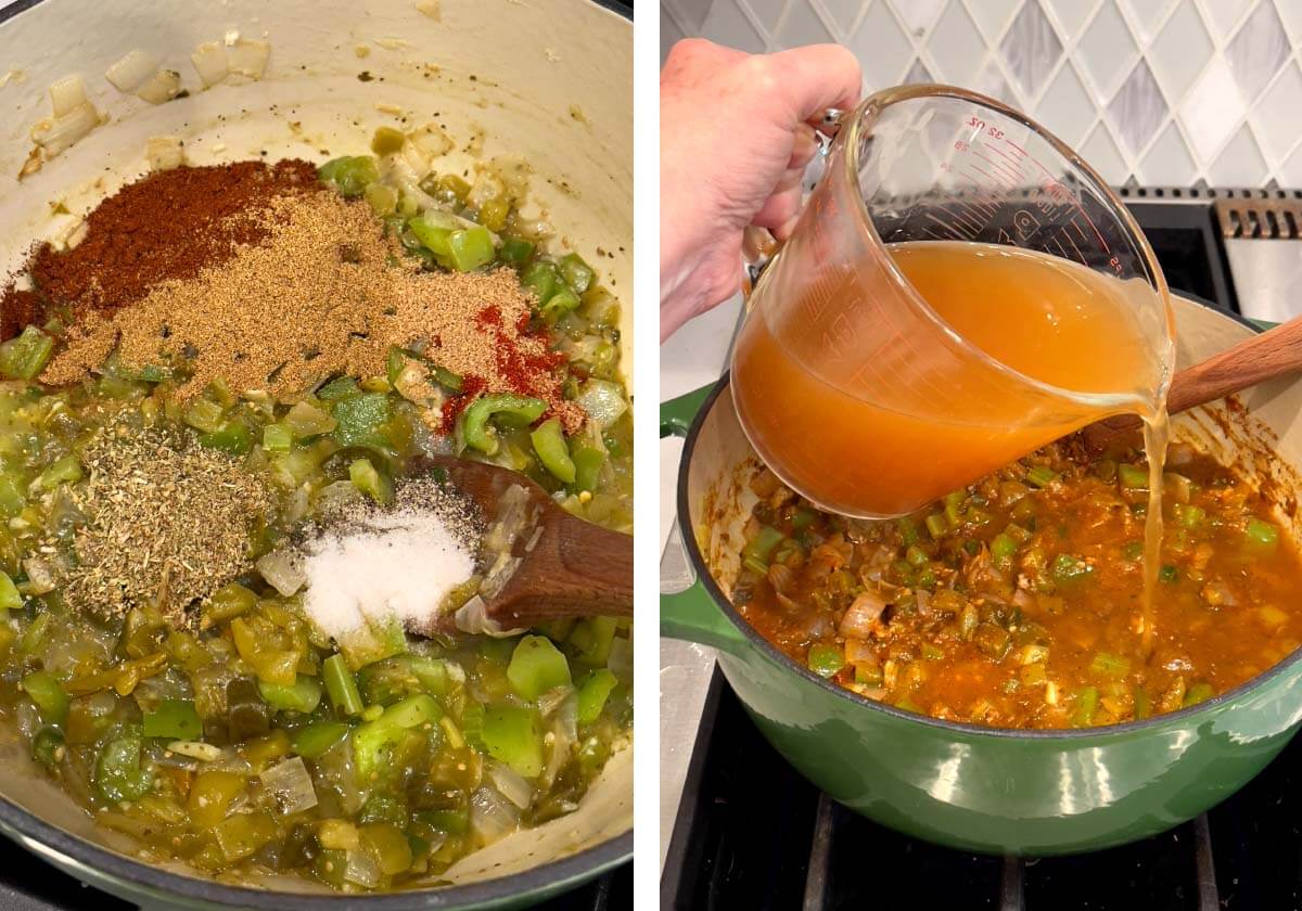 spices added to the chili, diced green chiles and salsa verde added